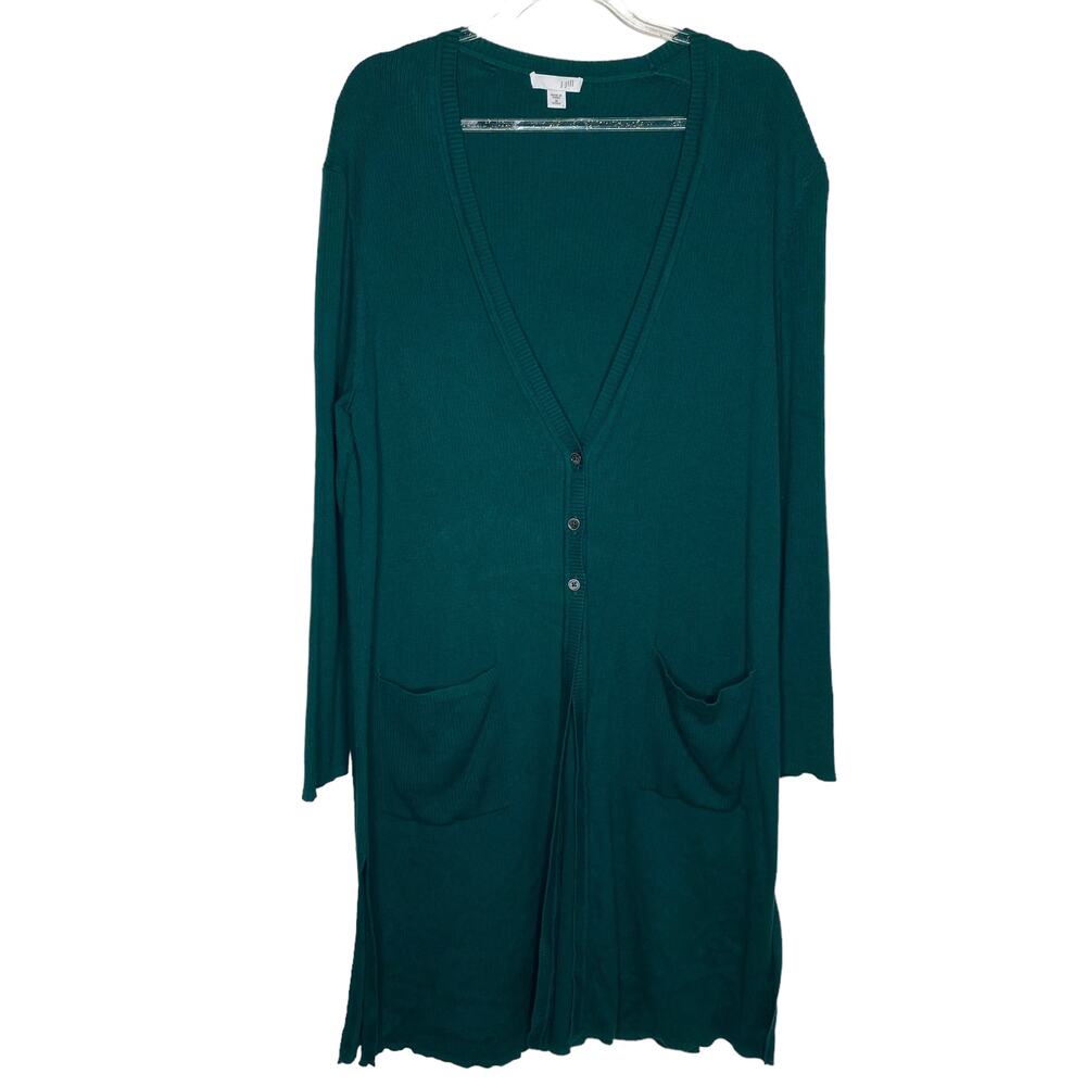 J Jill Womens Size Medium Petite Green Duster Long Cardigan Silk Blend Pockets